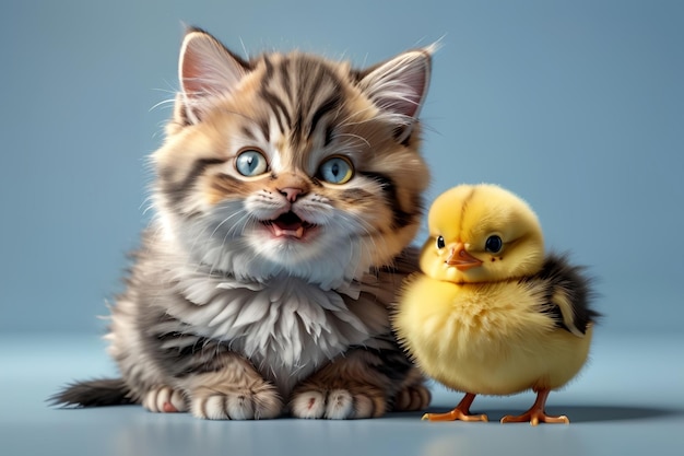 Foto un gatito lindo y un pollito amarillo aislados sobre un fondo azul