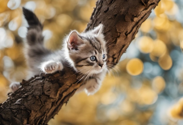 Un gatito lindo en una rama de árbol en el bosque de otoño