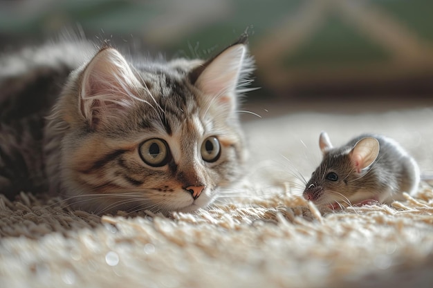 Un gatito lindo y un ratón en el suelo de casa.