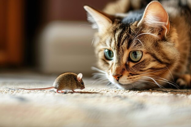 Foto un gatito lindo y un ratón en el suelo de casa.