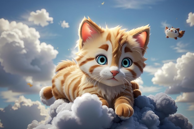 Un gatito lindo relajándose en las nubes.