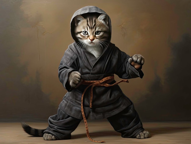 Un gatito lindo con ropa de ninja y samurai