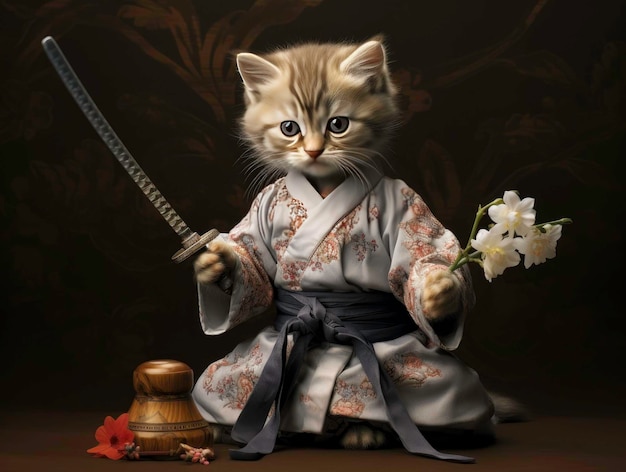 Un gatito lindo con ropa de ninja y samurai