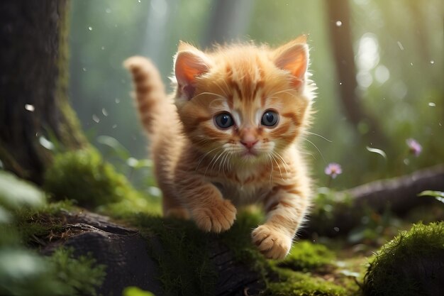 Foto un gatito lindo saltando en el bosque