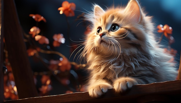 Un gatito lindo sentado al aire libre jugando y mirando fijamente el juguete generado por la inteligencia artificial