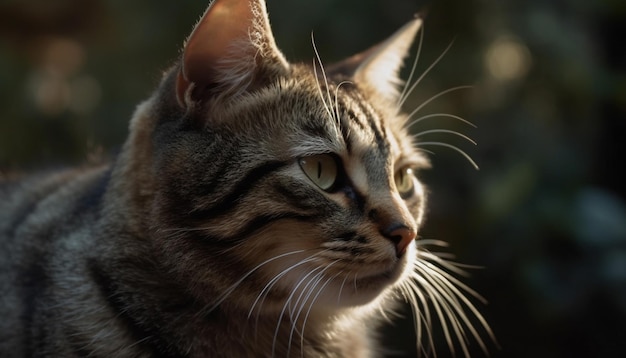 Un gatito lindo sentado al aire libre mirando con curiosidad a la cámara generada por la inteligencia artificial