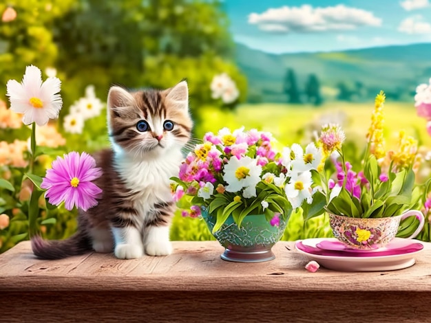 Foto un gatito lindo sentado en la mesa rodeado de flores y naturaleza
