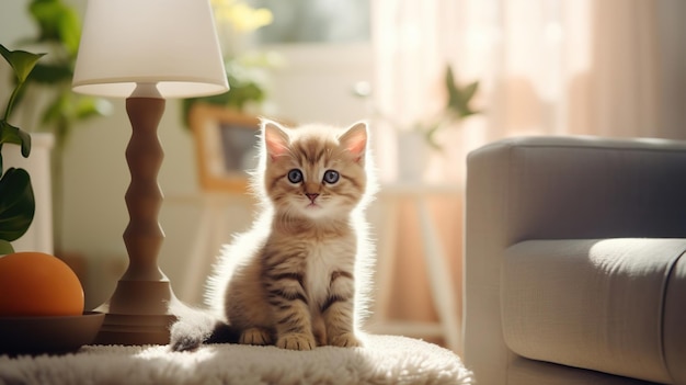 Un gatito lindo sentado en la sala de estar en una habitación acogedora y soleada.