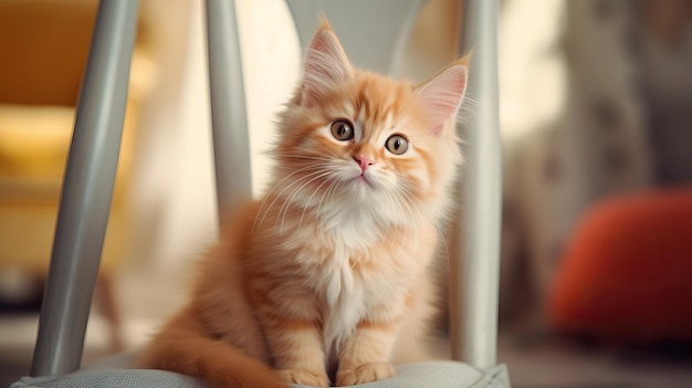 Un gatito lindo sentado en una silla.