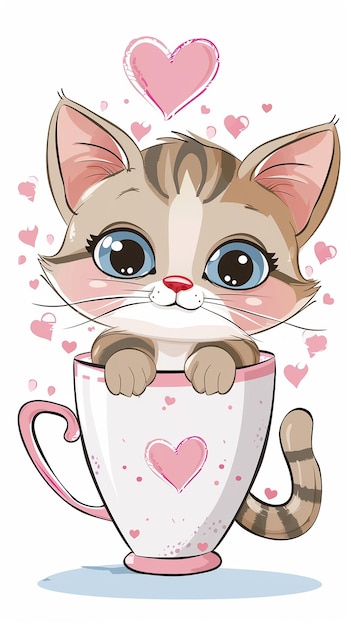 Foto un gatito lindo sentado en una taza con un oído rosado 8k