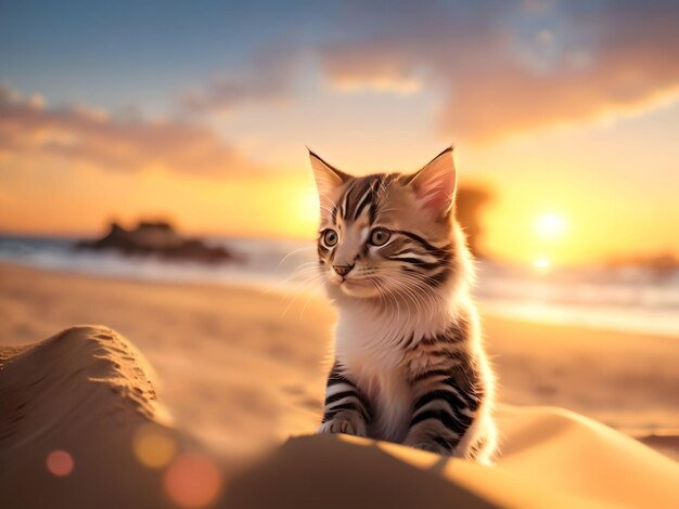 gatito lindo sobre la playa de arena AI generado