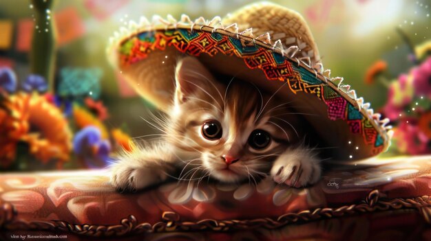 un gatito lindo con un sombrero mexicano tradicional