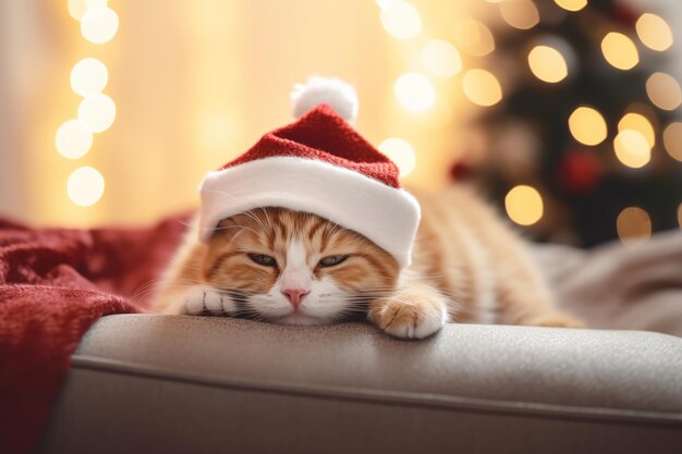 Un gatito lindo y somnoliento con un sombrero rojo de Papá Noel en el espacio de copia.