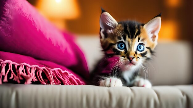 Un gatito lúdico asomándose por detrás de una almohada de color