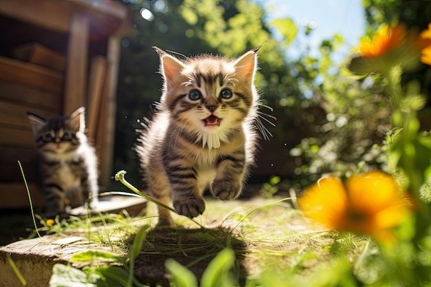 El gatito lúdico está en el jardín soleado mascota activa