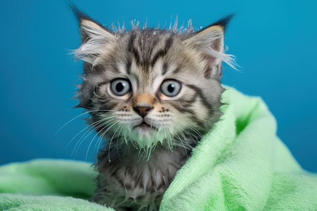 Un gatito con una manta verde encima.