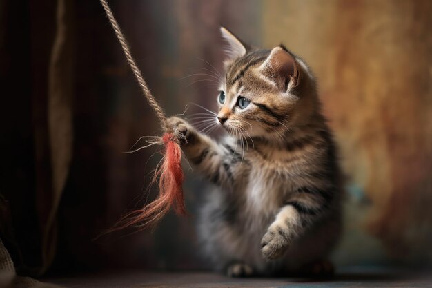 Gatito mordiendo juguetonamente una pluma en una cuerda creada con inteligencia artificial generativa