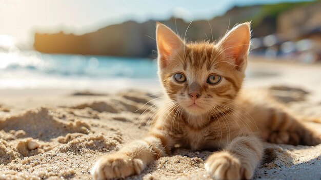 Un gatito naranja juguetón con una expresión alegre tendido en la arena de la playa