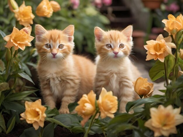 Un gatito naranja y su madre.