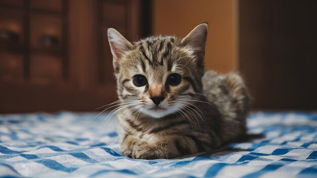 Foto un gatito con una nariz blanca acostado en una cama