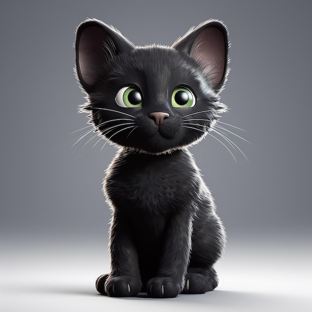 Un gatito negro de dibujos animados con ojos verdes se sienta sobre un fondo gris Cierre la IA generativa