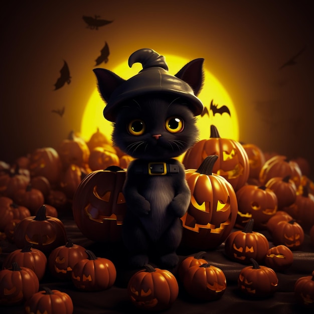 gatito negro de halloween y calabaza