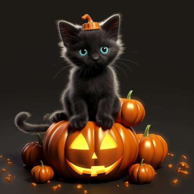 Gatito negro con ojos azules se sienta en una calabaza