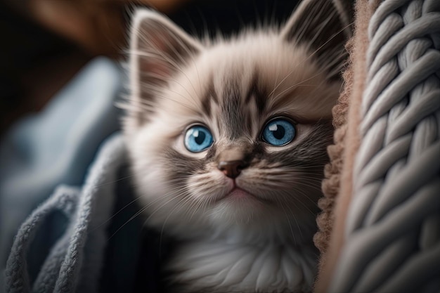 Un gatito con ojos azules se asoma de una manta.