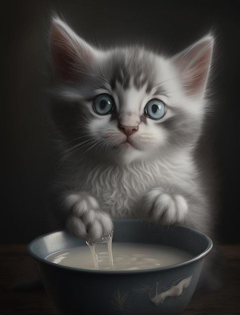 Un gatito con ojos azules está mirando un tazón de leche.
