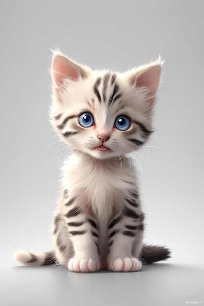 Un gatito con ojos azules y rayas blancas y negras.