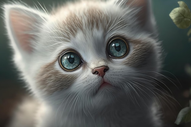 Un gatito con ojos azules se sienta en una habitación oscura.