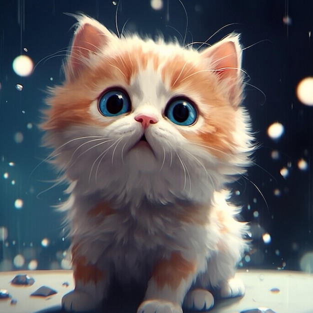 Un gatito con ojos azules se sienta bajo la lluvia.