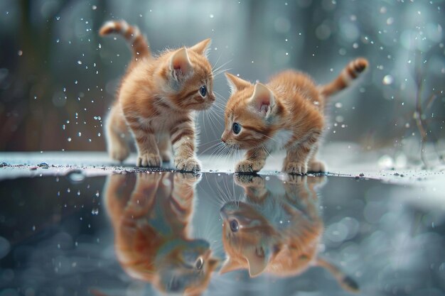 Un gatito pequeño persiguiendo su reflejo.