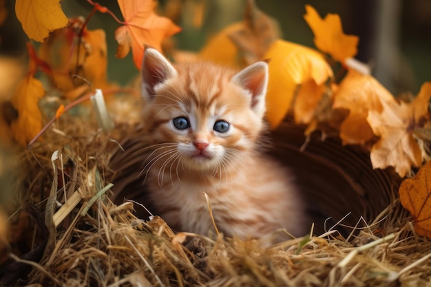 Un gatito pequeño sentado en una canasta de heno generativa ai imagen