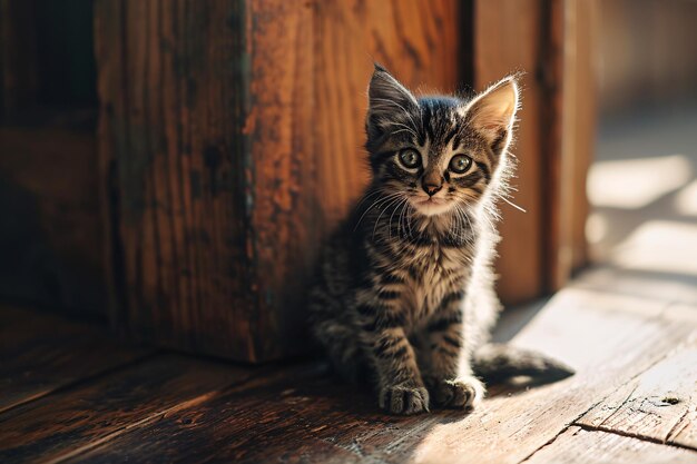 Un gatito pequeño sentado en un piso de madera