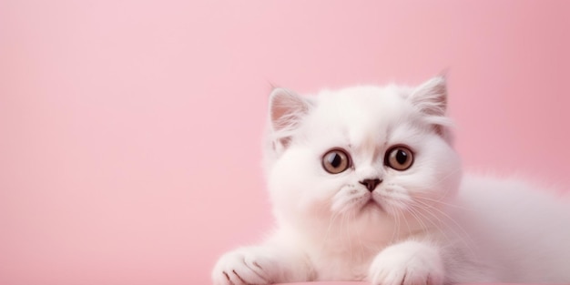 Un gatito persa blanco sobre un fondo rosa