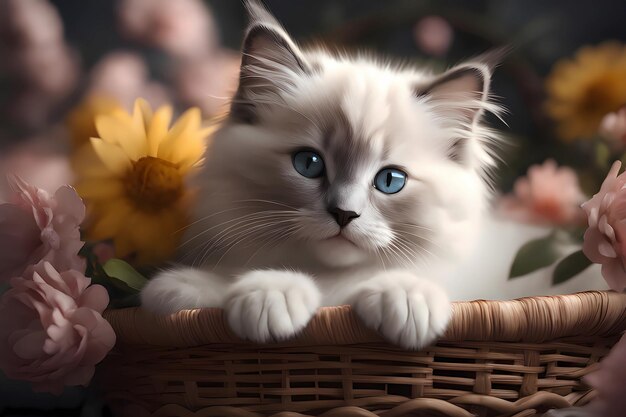 Gatito Ragdoll en una canasta rodeada de hermosas flores