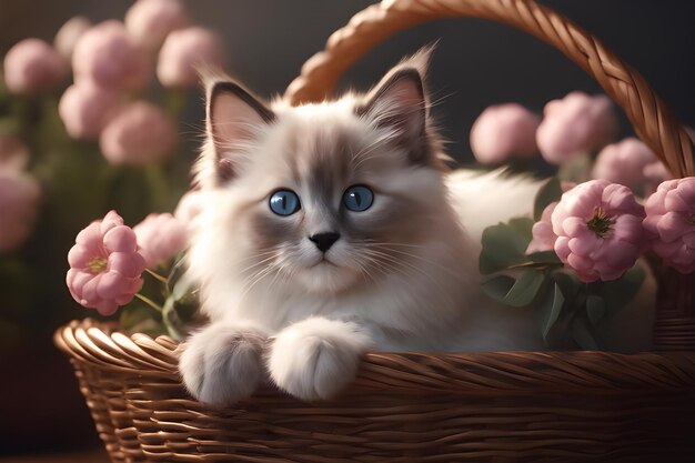 Gatito Ragdoll en una canasta rodeada de hermosas flores