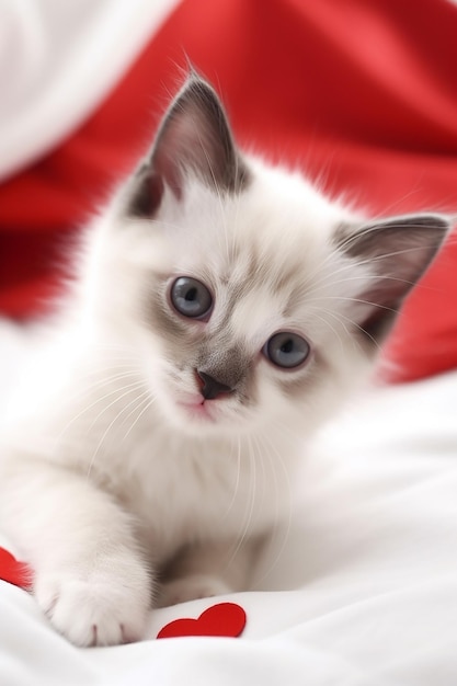 Un gatito ragdoll con ojos azules está acostado sobre una manta roja.