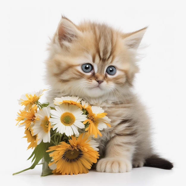 Gatito con ramo de flores