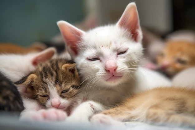 Gatito recién nacido rodeado de compañeros de camada con los ojos aún cerrados creado con ai generativo