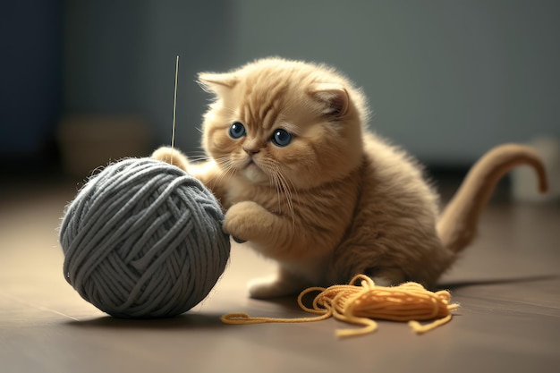 Gatito robótico jugando con bola de hilo en el interior