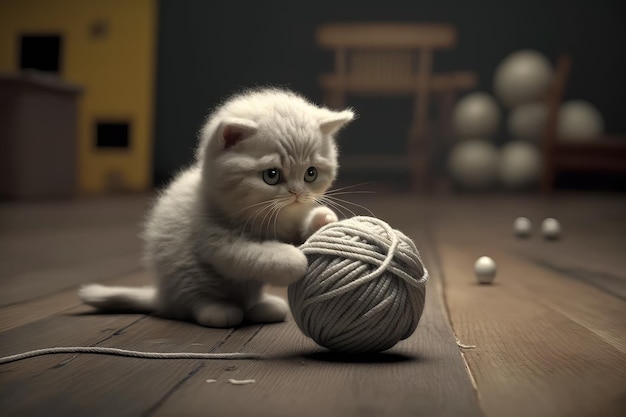 Gatito robótico jugando con una bola de hilo en un piso de madera