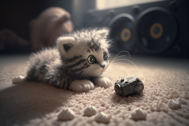 Gatito robótico jugando con juguetes en la alfombra