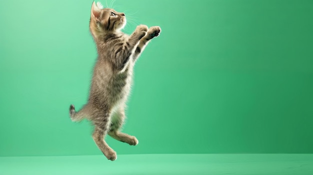 Un gatito salta en el aire para atrapar el frisbee Una linda mascota juguetona busca un juguete volador