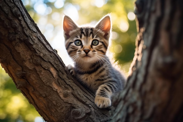 un gatito sentado en un árbol mirando a la cámara