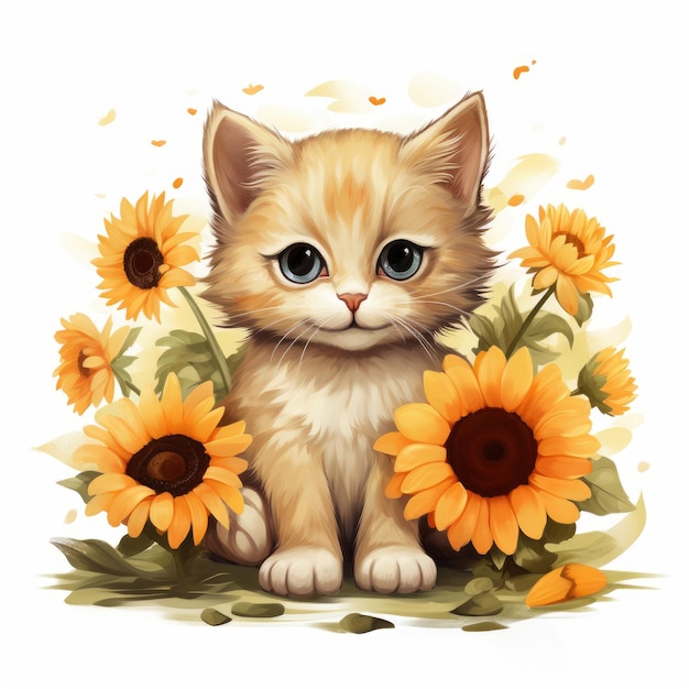 Un gatito sentado en un campo de girasoles