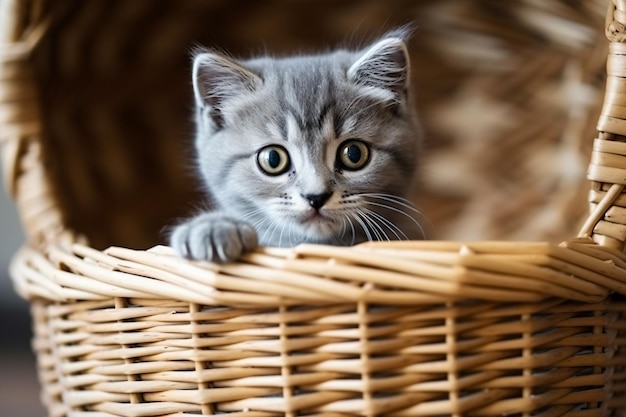 un gatito sentado en una canasta en el suelo