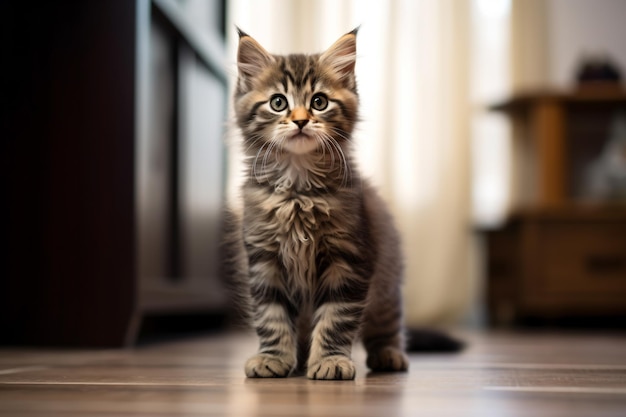 un gatito sentado en el suelo mirando a la cámara