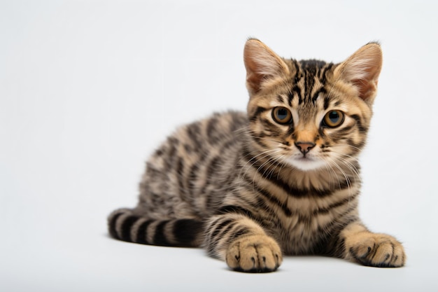 Foto un gatito está sentado en una superficie blanca